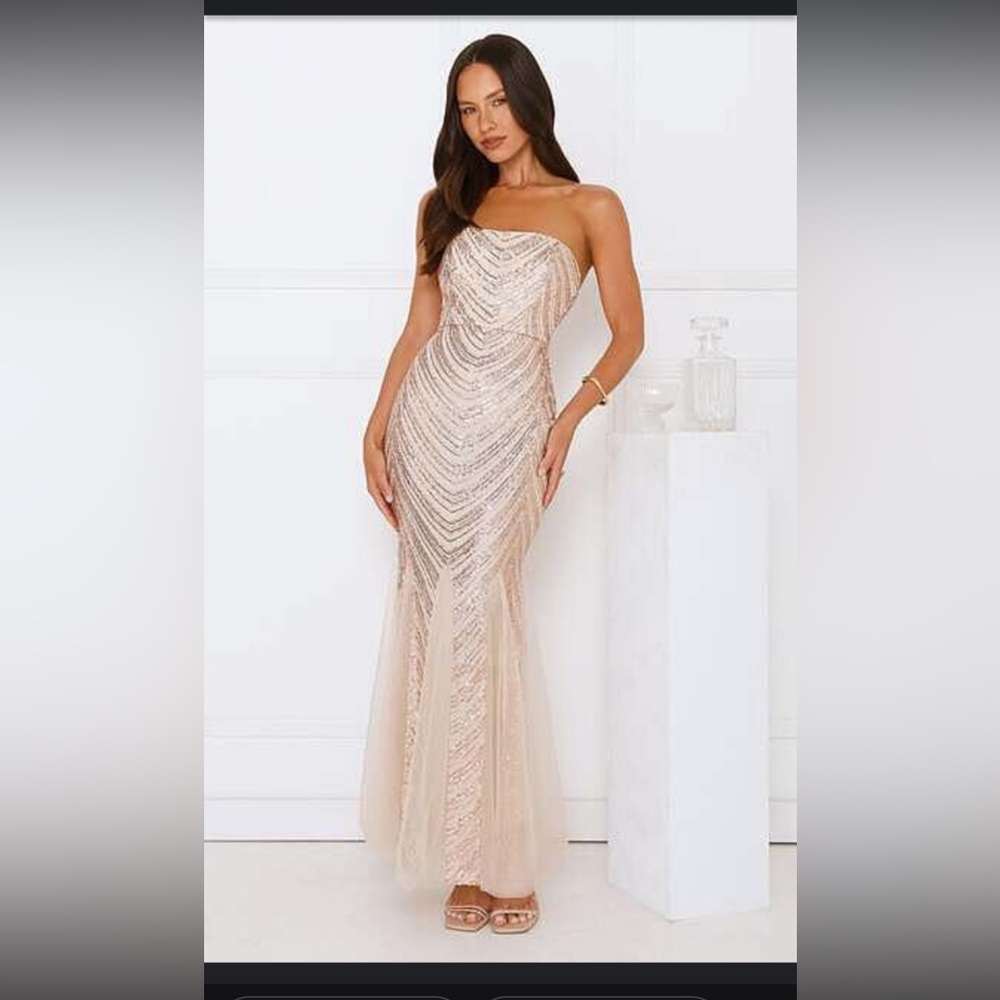 SHIMMER DISTRICT SEQUIN STRAPLESS MAXI DRESS GOLD hello Molly